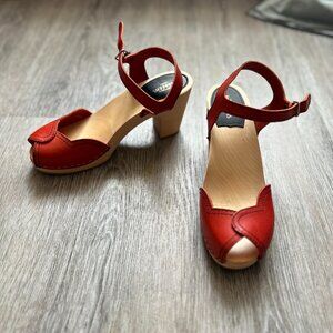 Swedish Hasbeens red heart peep toe clog sandals
